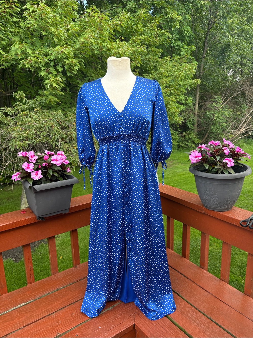 NWT Taylor Blue and White polka dot maxi dress